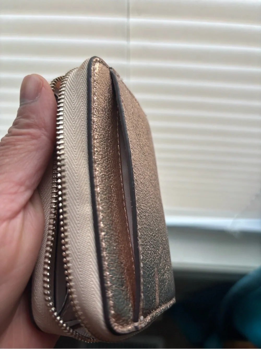 kate spade Rose Gold Metallic Zip Wallet with Purple Bow